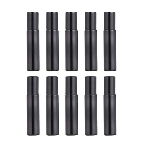 Exceart 10Ml Glass Roller Bottles Roll on Bottles Refillable Container for Essential Oils Perfume Aromatherapy Cream Lotion with Stainless Steel Roller Ball Black 10pcs