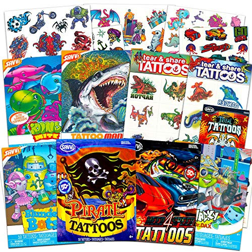 Bulk Temporary Tattoos for Boys Kids Assortment with Over 350 Temporary Tattoos ~ Includes Car, Pirate, Monster, Robot, Dinosaur, Dragon and Much More Tattoo Party Favors for Kids Boys