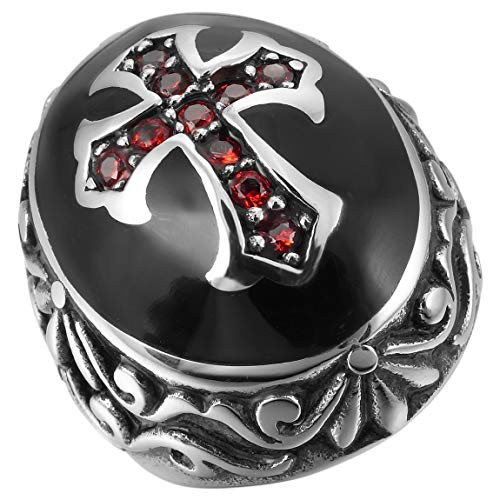 INBLUE Men's Stainless Steel Ring CZ Silver Tone Black Red Cross Knight Fleur De Lis Oval Size13