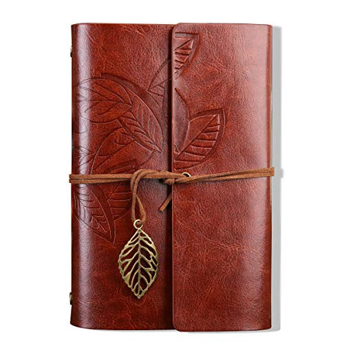 Leather Writing Journal Notebook, Twoworld Small Vintage Blank String Diary Notepad Sketchbook Travel to Write in, Unlined Paper, Retro Leaves Pendants 7.2 InchesBrown