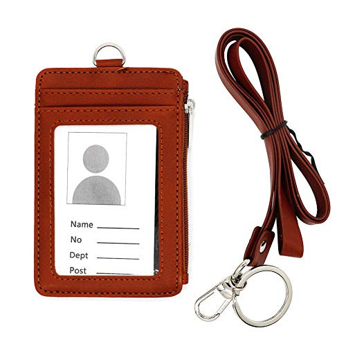 Badge Holder, PU Leather ID Badge Card Holder Wallet Case with 5 Card Slots, 1 Side Zipper Pocket and Neck Lanyard/Strap for Offices ID, School ID, Driver Licence, Brown