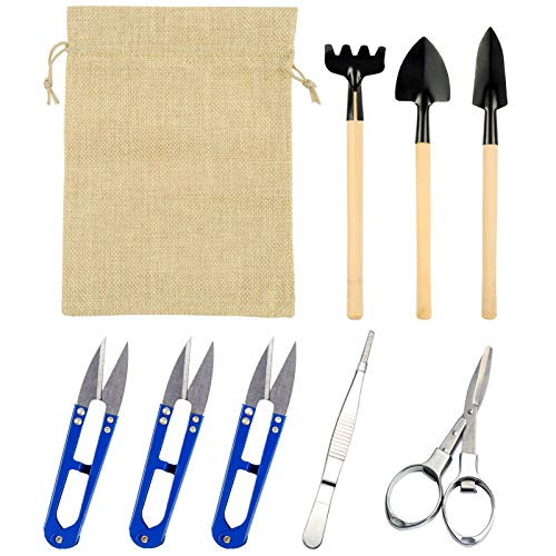 Tyominta 9 Pack Bonsai Set Mini Succulent Tools Gardening Tool Kit- Include Pruners, Fold Scissor, Tweezer, Mini Rake and Shovel