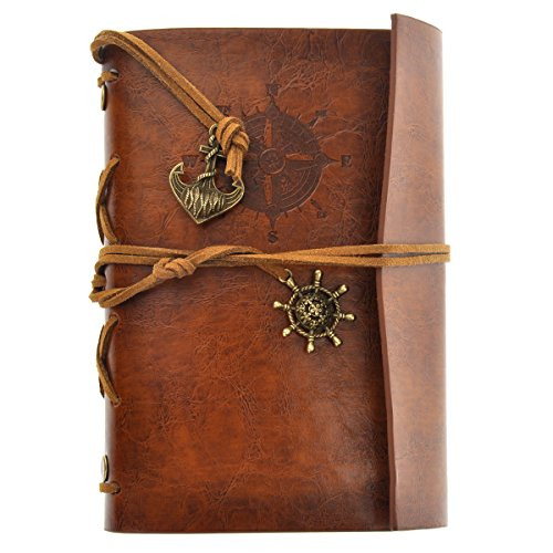 Foxnovo Retro Notebook Notepad Travel Journal Diary Jotter Vintage Pirate Anchor PU Cover Loose-leaf String BoundBrown