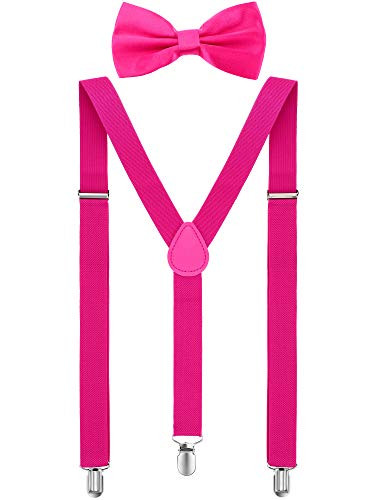 Suspender Bow Tie Set Clip On Y Shape Adjustable Braces, 80s Costume Suspenders Shoulder Straps for Halloween Cosplay Party Light Rose Red
