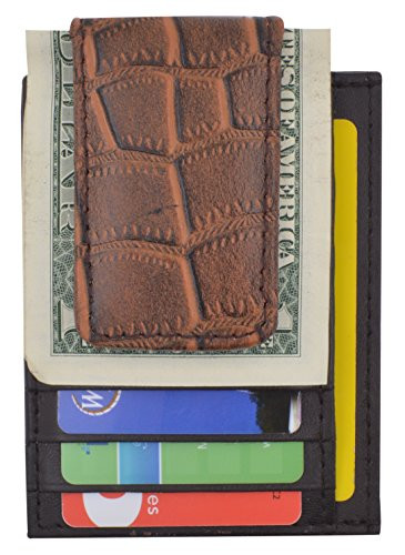 Genuine Leather Money Clip front pocket wallet with magnet clip and card ID Case Croco Brown