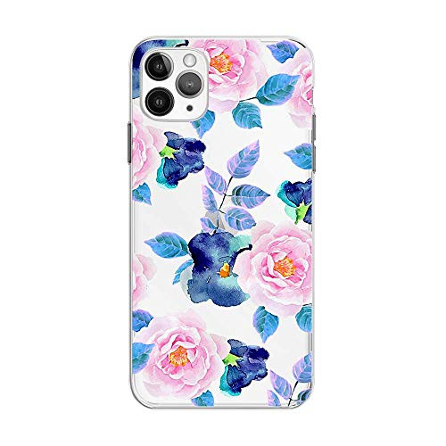 FancyCase Compatible with iPhone 12 Pro 6.1inch-Flower Pattern Soft Silicone Protective Transparent iPhone 12 Pro Case Pink Flower w/Blue Leaves