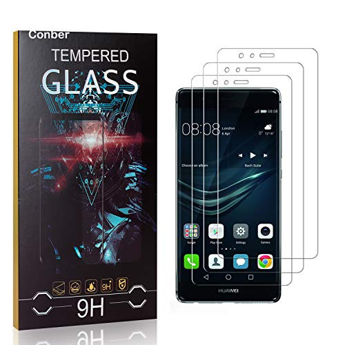 Conber Screen Protector for Huawei P9, 3 Pack 9H Tempered Glass Film Screen Protector for Huawei P9 Scratch-ResistantShatterproof