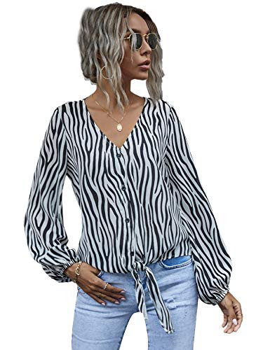 Romwe Women's Zebra Striped Button Down Knot Front Long Sleeve Casual Blouse Tops Shirts Black Striped L