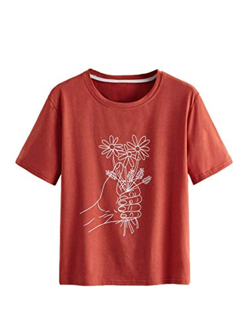 SweatyRocks Women's Cute Graphic Print T-Shirts Basic Crewneck Short Sleeve Casual Tee Tops Red S