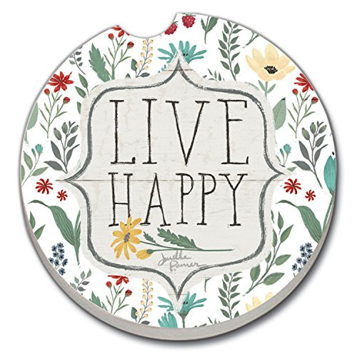 Counterart Absorbent Stoneware Single Car Coaster, Live Happy-Floral