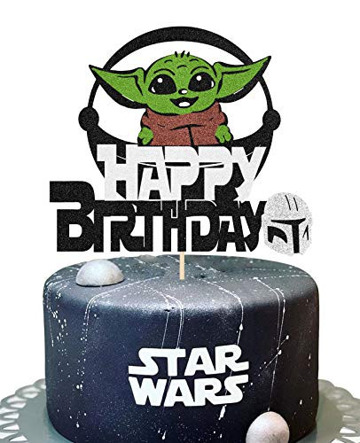 KAPOKKU Cute Baby Yoda Happy Birthday Cake Topper for Star Wars Crew Theme Cake Decor Children Alien Party Decoration Kid's Birthday Party Decoration Supplies