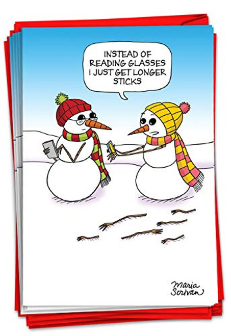 NobleWorks - 12 Merry Christmas Cards Funny - Boxed Set of Cartoon Animals, Festive Humor Holiday Xmas Cards 1 Design, 12 Cards - Longer Sticks C3397XSG-B12x1