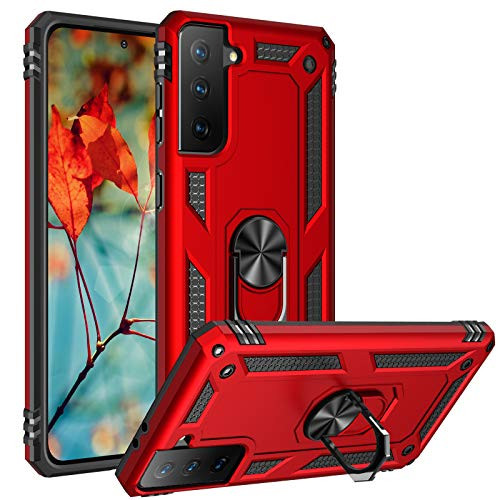 Dretal Galaxy S21 5G Case, Military Grade Shockproof Protective Case Cover with Rotating Holder Kickstand for Samsung Galaxy S21 5G JS-Red