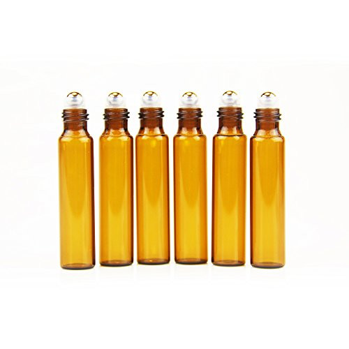Yizhao, Essential Oil 10ml Amber Glass Roller Bottles, Empty Oil Roller Ball Glass Bottle for Essential oil,Massage,Beauty Oil Mix,Lab bottle with stainless steel roller ball 6 Pcs