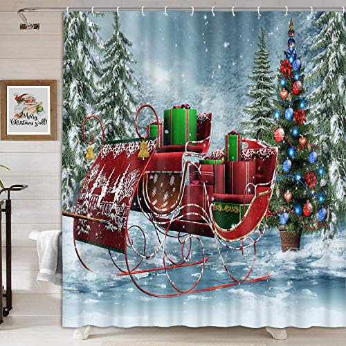 KOTOM Merry Christmas Shower Curtain, Santa's Car Xmas Pinetree in Winter Forest, Polyester Fabric Bathroom Decor, Bath Curtains Accessories Hooks, 69X70 Inches
