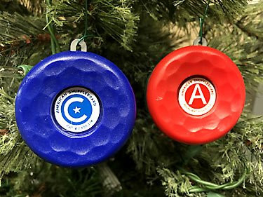 Zieglerworld American Table Shuffleboard Puck Weight Holiday Christmas Ornaments - Set of 2 - Blue  and  Red Cap Top