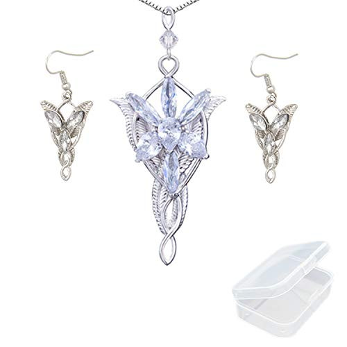 PPX Lord of The Ring Elven Leaf Aragorn Arwen Evenstar Pendant Chain Necklace Princess Chain and Earrings with Transparent Jewelry Box