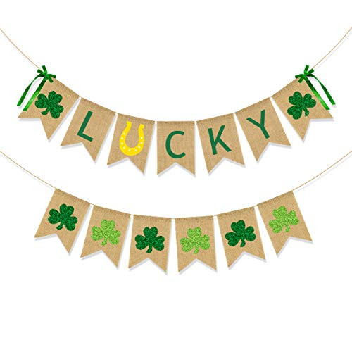 CAVLA Lucky Burlap Banner and Glitter Shamrock Banner St. Patrick's Day Green Shamrock Lucky Banner Garland with Bows St. Patrick's Day Decorations Party Decor for Irish Lucky Day Party Supplies