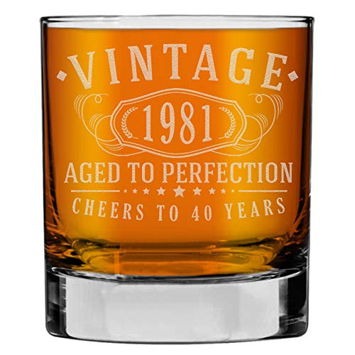Vintage 1981 Etched 10.25oz Whiskey Rocks Glass -40th Birthday Aged to Perfection - 40 years old gifts Bourbon Scotch Lowball Old Fashioned Vintage 1981 Etched 10.25oz Whiskey Rocks Glass -40th Birthday Aged to Perfection - 40 years old gifts Bourbon Scotch Lowball Old Fashioned