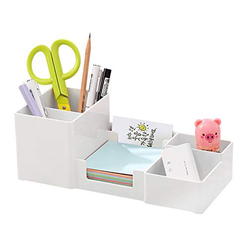 Desk Organizer, Desktop Organizer with Pencil Holders, Sticky Note Tray, Paperclip Storage and Office Accessories Caddy, Office Stationery Supplies Organizers, 6 Compartments, White