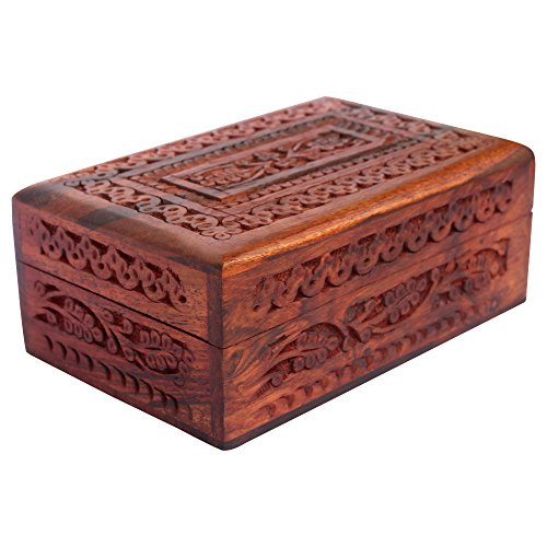 ITOS365 Handmade Wooden Keepsake Storage Case Jewelry Box Jewel Organizer - Floral Hand Carvings with Brass Inlay - Gifts for Women, 6 x 4 Inches ITOS365 Handmade Wooden Keepsake Storage Case Jewelry Box Jewel Organizer - Floral Hand Carvings with Brass Inlay - Gifts for Women, 6 x 4 Inches