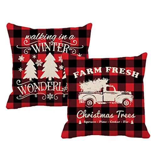 7COLORROOM Rustic Christmas Throw Pillow Covers Farmhouse Buffalo Check Plaid Truck Farm Fresh Christmas Tree Cushion Cover Happy Holiday Home Decor Cotton Linen Pillowcases 18x18,2Pack Red Plaid