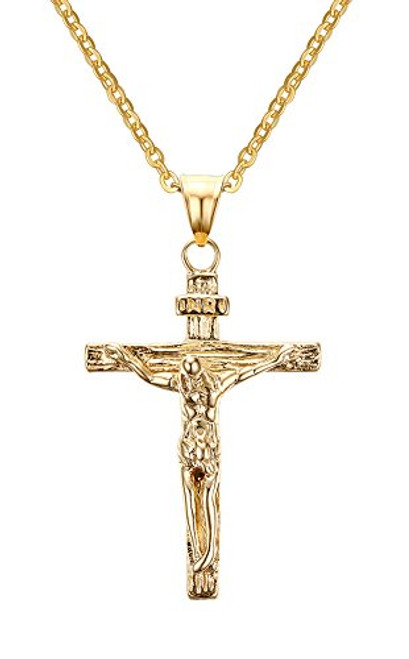 HUANIAN Stainless Steel Jesus Crucifix Cross Pendant Necklace for Men Women Christian,Gold,Free Chain HUANIAN Stainless Steel Jesus Crucifix Cross Pendant Necklace for Men Women Christian,Gold,Free Chain