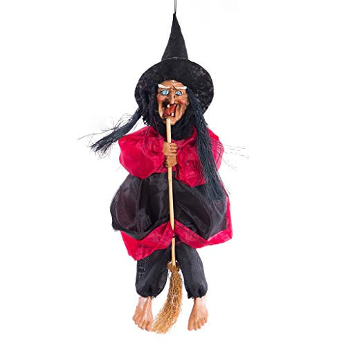 Shan-S Halloween Witch Hanging Decoration,Ride Broom Witch Ghost Pendant Sound-Controlled Touch Sensing Flying Witch Halloween Props Large Ride Scary Ghost Dolls Witch Broom Toys