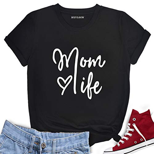 Mom Life T Shirt Tired Mom Blessed Mama Short Sleeve Shirt Graphic Tee Tops Mama T Shirts for Women Black,L