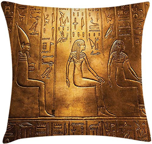 Egyptian Throw Pillow Cushion Cover, Egypt Hieroglyphics Old Logographic Details and Alphabetic Elements, Decorative Square Accent Pillow Case, 18X18, Coffee Brown