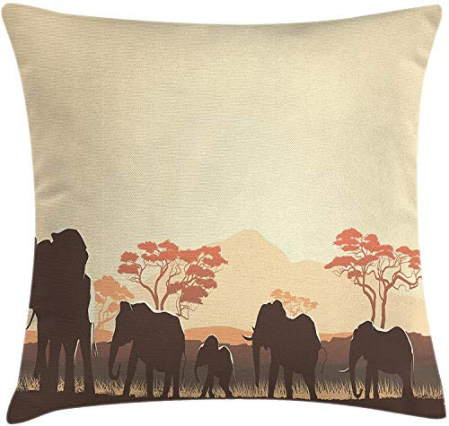 Africa Throw Pillow Cushion Cover, Wildlife Safari Big Animal Elephants in Forest with Lake Nature Scene, Decorative Square Accent Pillow Case, 18inch  X 18inch , Yellow Brown