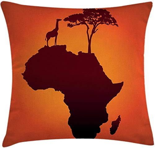 African Throw Pillow Cushion Cover, Safari Map with Continent Giraffe and Tree Silhouette Savannah Wild Design, Decorative Square Accent Pillow Case, 18X18, Orange Brown