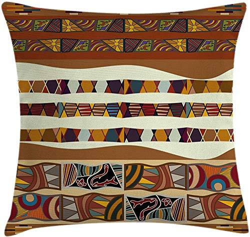 Tribal Throw Pillow Cushion Cover, Traditional Folk with Cultural Featured Trippy Boho Abstract Design, Decorative Square Accent Pillow Case, 18X18, Brown Yellow