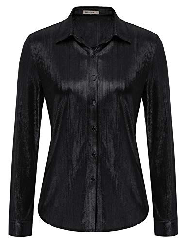GRACE KARIN Long Cuff Sleeve Button Down Shirt Square Collar Party Club Blouse Black M