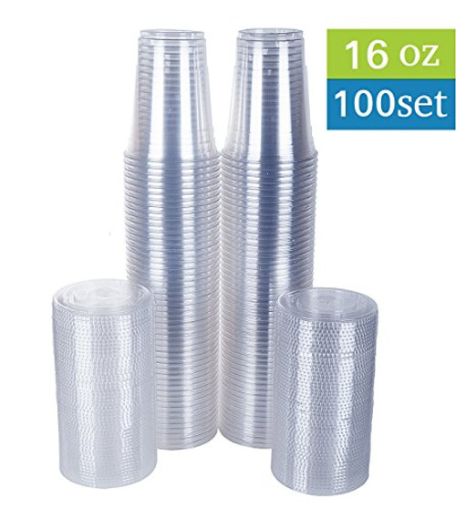 TashiBox Disposable Plastic Cups with Flat Lids, 100 Sets, 16 oz, Crystal Clear TashiBox Disposable Plastic Cups with Flat Lids, 100 Sets, 16 oz, Crystal Clear