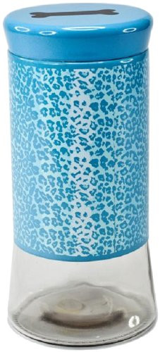 Housewares International Glass Pet Treats Container with Lid, Blue Leopard Print, 51-Ounce