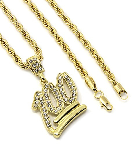 Mens Gold Tone Emoji 100 Cz Hip-hop Pendant with 4mm 30inch  Inch Rope Chain
