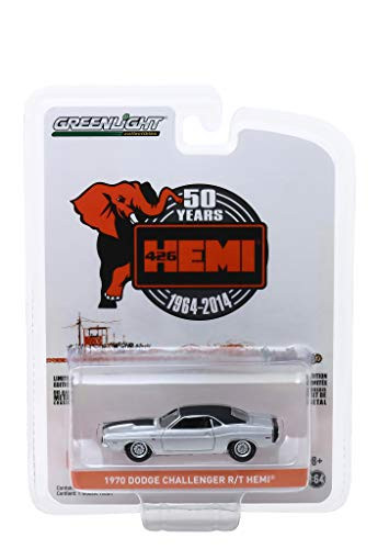 1970 Dodge Challenger R/T HEMI Silver with Black Top and Black Stripes 426 HEMI 50 Years 1964-2014 1/64 Diecast Model Car by Greenlight 28000 B