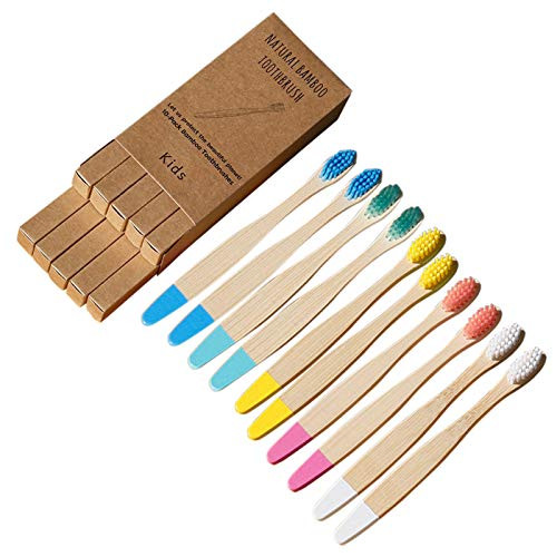 NMFIN Kids Bamboo Toothbrushes, 10 Pack Natural Soft Bristle BPA Free Toothbrush, Biodegradable Reusable Eco-Friendly Wood Toothbrush, Color Eco-Friendly Travel Toothbrushes