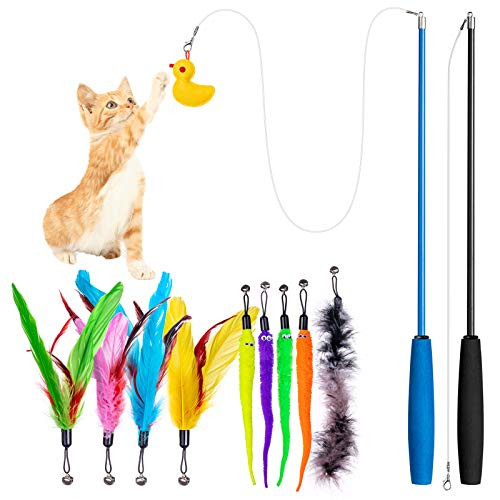 ALBABE 12PCS Cat Feather Toy Set, Interactive Cat 10 Toys, 2PCS Retractable Cat Wand Toys, Worm Feathers, Cat Feather Teaser Wand Toy for Kitten Cat Having Exercise Playing 12