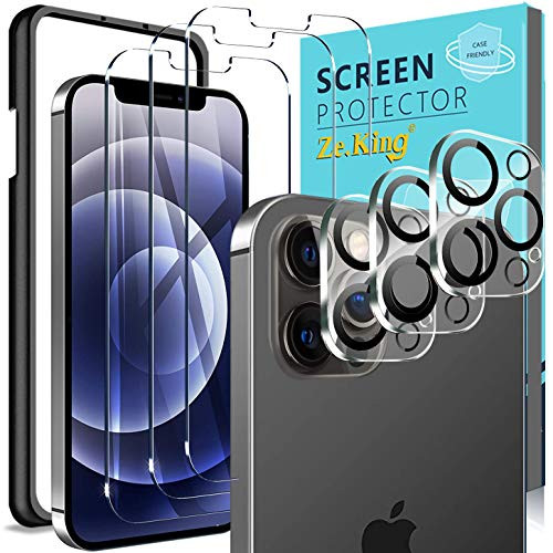 6 Pack Zeking 3pcs Screen Protector  and  3pcs Camera Lens Protector Compatible with iPhone 12 Pro 6.1-inch, Tempered Glass, Easy Frame Installation, HD Clear
