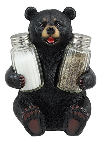 Ebros Cuddling Black Teddy Bear Salt And Pepper Shakers Holder Figurine 7"Tall With Glass Shakers
