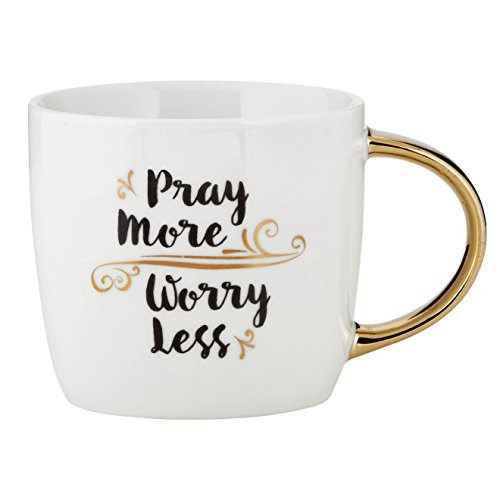 Pray More Worry Less Flourish 14 Ounce Ceramic Coffee Mug with Goldtone Handle Pray More Worry Less Flourish 14 Ounce Ceramic Coffee Mug with Goldtone Handle