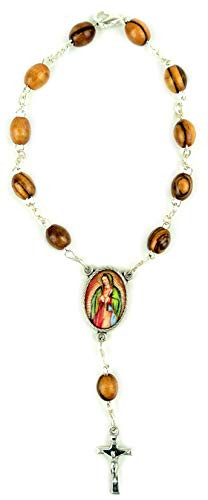 Logos Trading Post Our Lady of Guadalupe, Car Mirror Rosary with Crucifix and Clasp, One Decade Catholic Charm Bracelet, Holy Land Olive Wood Beads, Religious Car Accessory for Rearview