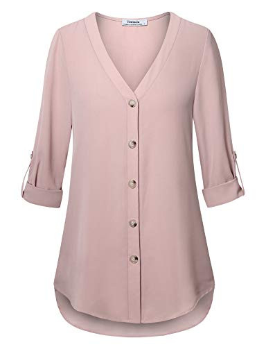Youtalia Blouses for Women, Ladies Tops Trendy V Neck Roll Sleeve Shirts Curved Hem Pleats Relaxed Fit Chiffon Tunic Blouse Dark Pink Medium