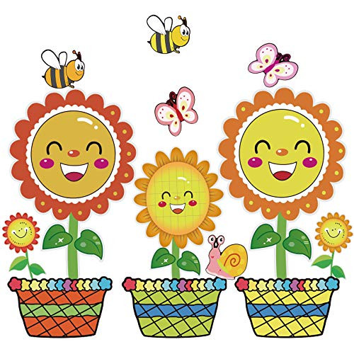 22 Pieces Spring Flowers Bulletin Board Cut-Outs Set Springtime Blooms Colorful Butterfly Bee Snail Flower Pots Sunflower Cutouts Classroom Decoration Cutouts with Glue Point Dots for Spring Party