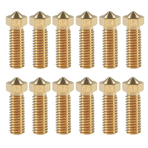 ALAMSCN 12PCS V6 Volcano Brass Nozzle Kit 0.2mm 0.4mm 0.6mm 0.8mm Extra Extruder Nozzles 0.4mm M6 1.75mm Filament for 3D Printer Part