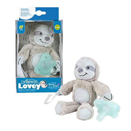 Dr. Browns Lovey Pacifier  and  Teether Holder, 0 Months Plus, Sloth with Aqua Pacifier