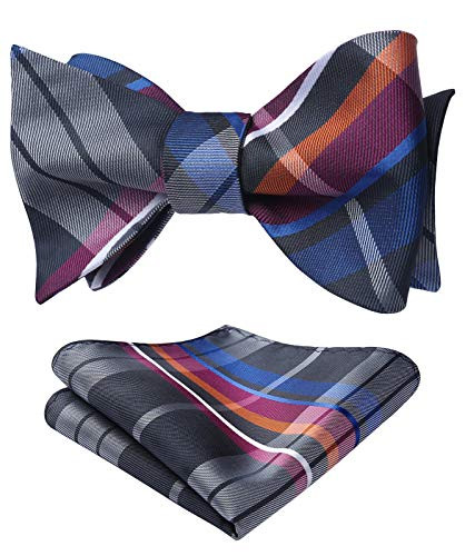 HISDERN Men's Untied Plaid Check Bowtie Woven Self Tie Bow tie and Pocket Square Set