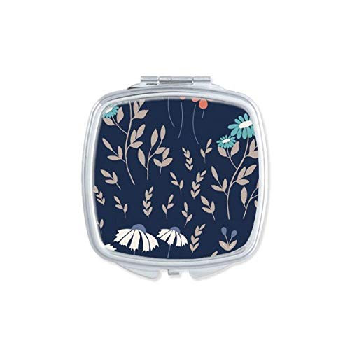 White Blue Flower Plant Paint Square Mirror Portable Compact Pocket Makeup Double Sided Glass